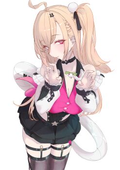Rule 34 | 1girl, absurdres, ahoge, bare shoulders, bbbkhr, black skirt, black thighhighs, blonde hair, bow, breasts, cissia (zenless zone zero), claw pose, cleavage, collarbone, commentary request, cowboy shot, detached sleeves, fingernails, green bow, hair between eyes, hair ornament, hairclip, highres, large breasts, leaning forward, long hair, looking at viewer, microskirt, open mouth, pink nails, ponytail, red eyes, shock collar, side ponytail, simple background, skirt, snake, snake tail, solo, tail, thighhighs, white background, white snake, zenless zone zero