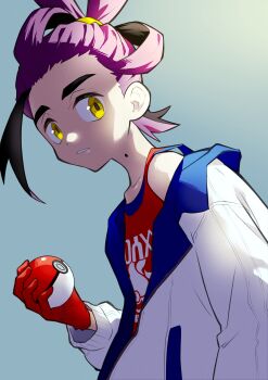 Rule 34 | 1boy, absurdres, commentary request, from side, gloves, grey background, highres, holding, holding poke ball, hoshimi hazuki, jacket, kieran (pokemon), long sleeves, male focus, mole, mole on neck, nintendo, poke ball, poke ball (basic), pokemon, pokemon sv, print shirt, purple hair, red gloves, red shirt, shirt, solo, upper body, white jacket, yellow eyes