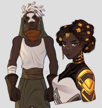 1boy 1girl arcane:_league_of_legends breasts brown_gloves brown_hair circlet commentary dark-skinned_female dark-skinned_male dark_skin detached_hood dreadlocks earrings ekko_(league_of_legends) facepaint firelight_ekko frown gloves gluca green_hood highres jewelry league_of_legends medium_breasts mel_(league_of_legends) see-through_clothes serious signature symbol-only_commentary tank_top very_dark_skin white_hair white_tank_top