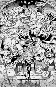 absurdres book breasts broom closed_mouth death_(entity) dracula edoya_inuhachi frankenstein&#039;s_monster greyscale grim_reaper halloween hat highres long_hair looking_at_viewer monochrome multiple_boys multiple_girls mummy open_mouth original pumpkin short_hair smile trick_or_treat tyrannosaurus_rex vampire witch_hat wolf