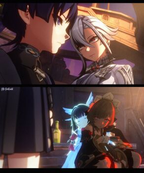 1boy 3d 3girls alternate_eye_color apparition arlecchino_(genshin_impact) arm_at_side armor artist_name asymmetrical_bangs asymmetrical_sidelocks behind_another black_bodysuit black_dress black_hair black_shorts black_sleeves blender_(medium) blunt_bangs blunt_ends blunt_tresses bodysuit bottle brown_hair building but_you_can't_prove_it_(meme) closed_eyes closed_mouth coat columbina_(genshin_impact) covered_collarbone cup curtained_hair detached_sleeves dress earrings eye_mask eyeliner eyeshadow facing_another feathered_wings frilled_sleeves frills genshin_impact gloves glowing glowing_eyes gold grey_eyes hair_between_eyes hair_ornament hair_ribbon hair_tubes hakama hakama_shorts half_gloves head_on_another's_back head_wings highres holding holding_cup japanese_armor japanese_clothes jewelry kote kurokote littleredhoodd long_hair looking_at_another looking_to_the_side makeup mandarin_collar mask meme multicolored_hair multiple_girls multiple_wings outdoors pink_hair pleated_shorts purple_eyes red_eyeliner red_eyes red_eyeshadow red_lips red_pupils ribbon sandrone_(genshin_impact) scaramouche_(genshin_impact) see-through_clothes see-through_mask short_hair short_hair_with_long_locks shorts sidelocks sitting streaked_hair swept_bangs symbol-shaped_pupils tress_ribbon wanderer_(genshin_impact) white_coat white_dress white_gloves white_hair white_headdress white_mask white_ribbon white_sleeves white_wings wing_hair_ornament wings x-shaped_pupils