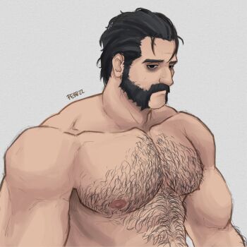 1boy absurdres alternate_hair_color bags_under_eyes bara beard black_hair chest_hair collarbone commentary dispatch english_commentary facial_hair febrzz highres large_pectorals male_focus muscular muscular_male mustache nipples pectorals phenomaman short_hair simple_background solo upper_body