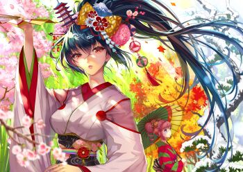 1girl arm_up bamboo bamboo_forest black_hair cherry_blossoms double-parted_bangs flower folding_fan forest hair_ornament hand_fan high_ponytail highres holding holding_fan japanese_clothes kimono kisaragi_1go long_hair maple_tree nature nishimura_eri obi obijime original oshougatsu-chan parted_lips pine_tree plum_blossoms ponytail red_eyes sash sleeve_slit solo standing tree upper_body