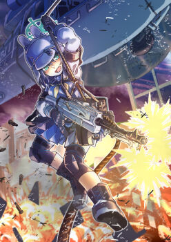 1girl aircraft akaimame battle blue_archive blue_eyes blue_serafuku boots breasts bucket_hat combat_helmet commentary_request firing from_below green_halo gun halo hanging hat helicopter helmet highres knee_pads lahti-saloranta_m/26 light_machine_gun long_sleeves machine_gun neckerchief rope saki_(blue_archive) school_uniform serafuku shell_casing short_hair solo stahlhelm tactical_school_uniform weapon white_helmet yellow_neckerchief