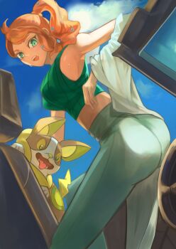 1girl aqua_eyes aqua_shirt ass baby_animal breasts car_interior coat_partially_removed commentary_request crop_top denim dog eyewear_on_head gen_8_pokemon hair_ornament heart heart_hair_ornament highres jeans lab_coat medium_breasts midriff nintendo notiu open_mouth orange_hair pants pokemon pokemon_(creature) pokemon_swsh puppy ribbed_shirt shirt side_ponytail side_ponytail_with_hair_base sleeveless sleeveless_shirt sonia_(pokemon) sunglasses sweat swept_bangs teeth upper_teeth_only yamper