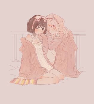 1girl 1other akiyama_mizuki arm_at_side back_bow blush bow bow_hairband breasts brown_eyes brown_hair chemise closed_mouth commentary_request covering_own_mouth crescent crescent_necklace dot_mouth embarrassed full_body grey_background hairband hand_on_own_arm hand_on_own_cheek hand_on_own_face hand_rest hand_up hands_up head_rest head_tilt highres jacket jacket_partially_removed jewelry knee_blush knees_up kyline long_hair long_sleeves looking_at_viewer looking_to_the_side multicolored_socks necklace no_shoes official_alternate_costume official_alternate_hairstyle open_clothes open_jacket pink_bow pink_eyes pink_hair pink_jacket pocket project_sekai shinonome_ena short_hair shoulder_blush single_bare_shoulder sitting sleepwear sleeves_past_fingers sleeves_past_wrists small_breasts socks soshite_ima_ribbon_wo_musunde_(project_sekai) striped_clothes striped_socks swept_bangs wariza white_chemise