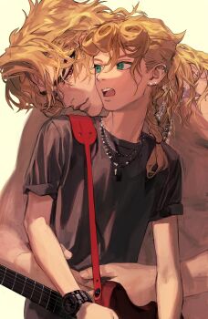 2boys absurdres blonde_hair braid closed_mouth dio_brando earrings father_and_son giorno_giovanna green_eyes highres jewangchobab jewelry jojo_no_kimyou_na_bouken long_hair low-braided_long_hair low-tied_long_hair male_focus multiple_boys parent_and_child shirt simple_background smile topless_male vento_aureo victory_rolls white_background