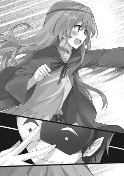 1boy 1girl :d blush breasts clenched_hands cut-in dress eye_mask feet_out_of_frame food-themed_hair_ornament from_side gloves grape_hair_ornament greyscale hair_between_eyes hair_ornament half_mask highres hooded_robe iris_(konosuba) kono_subarashii_sekai_ni_shukufuku_wo! long_dress long_hair long_sleeves mask mishima_kurone monochrome motion_lines non-web_source novel_illustration official_art open_mouth outstretched_arm profile robe smile speed_lines teeth two-tone_mask upper_teeth_only vanir wide_sleeves