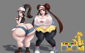2girls ? absurdres alternate_breast_size_(larger) annoyed ass bare_shoulders baseball_cap black_boots black_pantyhose black_socks black_vest blue_eyes boots bra breasts brown_hair butt_crack cleavage curvy double_bun from_behind full_body gholdengo grey_background hair_bun hat highres hilda_(pokemon) holding holding_poke_ball huge_ass huge_breasts kneepits long_hair long_sleeves looking_at_viewer looking_back midriff multiple_girls navel nintendo omegabean open_mouth pantyhose poke_ball pokemon pokemon_(creature) pokemon_bw pokemon_bw2 ponytail red_bra rosa_(pokemon) see-through_clothes see-through_shirt shirt shoes short_shorts shorts sidelocks simple_background skirt sneakers socks standing tank_top theomegagod thick_thighs thighs twintails two-tone_shirt underwear vest white_tank_top wristband yellow_skirt