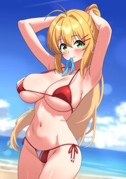 1girl absurdres adjusting_hair armpits arms_up bikini blonde_hair blue_bow blue_sky blush bow breasts green_eyes hair_ornament hairclip highres large_breasts long_hair looking_at_viewer maretto mouth_hold multicolored_bikini navel ocean outdoors red_bikini sky smile solo swimsuit tsurumaki_maki two-tone_bikini voiceroid