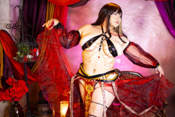 1girl asian belly belly_dancer black_hair breasts chouzuki_maryou cleavage highres large_breasts lipstick makeup photo_(medium) plump solo thick_thighs thighs underboob