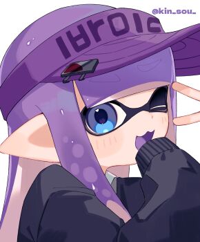 Rule 34 | 1girl, blue eyes, blunt bangs, blunt ends, commentary request, hat, heart, heart in eye, highres, inkling, inkling girl, inkling player character, long hair, looking at viewer, nintendo, one eye closed, open mouth, pointy ears, purple hair, purple hat, sabata saba, sleeves past fingers, sleeves past wrists, smile, solo, splatoon (series), splatoon 3, symbol in eye, tentacle hair, upper body, visor cap