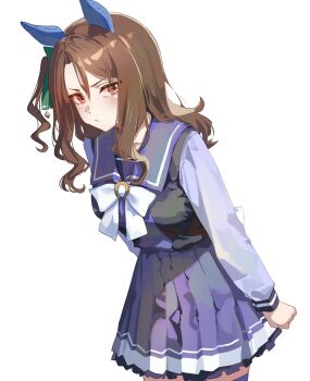 Rule 34 | 1girl, absurdres, animal ears, blush, bow, bowtie, breasts, brown hair, closed mouth, commentary request, ear bow, ear covers, ear ribbon, green bow, highres, horse ears, horse girl, horse tail, king halo (umamusume), long hair, long sleeves, looking at viewer, pleated skirt, purple sailor collar, purple serafuku, purple shirt, purple skirt, purple thighhighs, red eyes, sailor collar, sailor shirt, school uniform, serafuku, shirt, simple background, skirt, solo, tail, thighhighs, tracen school uniform, umamusume, white background, white bow, white bowtie, yoojp