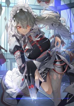 1girl absurdres alexandrina_sebastiane anastella_(zenless_zone_zero) black_dress black_gloves breasts closed_mouth dress drusilla_(zenless_zone_zero) electricity gloves grey_hair highres indoors jelmul juliet_sleeves large_breasts long_hair long_sleeves looking_at_viewer low-tied_long_hair maid maid_headdress pantyhose pantyhose_cutout partially_fingerless_gloves puffy_sleeves reaching reaching_towards_viewer red_eyes side_slit single_leg_pantyhose skirt_hold smile solo white_pantyhose zenless_zone_zero