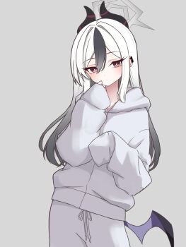 1girl alternate_costume black_hair black_horns blue_archive bright_pupils check_commentary closed_mouth commentary commentary_request demon_horns ear_piercing earclip gradient_hair grey_halo hair_between_eyes halo highres hncstk hood hoodie horns kayoko_(blue_archive) long_eyelashes long_hair looking_at_viewer multicolored_hair oversized_clothes pants piercing problem_solver_68_(blue_archive) red_eyes ribbon single_sleeve_past_fingers single_sleeve_past_wrist single_wing solo track_pants two-tone_hair white_hair white_hoodie white_pants white_pupils wings