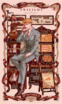 1boy antique_phone blonde_hair bread brown_shoes chaoxibumian collared_shirt copyright_name dessert fedora flower food formal_clothes grey_jacket grey_pants grey_suit grey_vest gun handgun hat highres jacket lamp loaf_of_bread male_focus necktie open_mouth original pants parted_bangs pastry pitcher_(container) pocket_square red_necktie sandwich_board shirt shoes short_hair sitting smile solo spy_x_family suit suit_jacket talking_on_phone twilight_(spy_x_family) vase vest waistcoat watch weapon white_shirt wristwatch