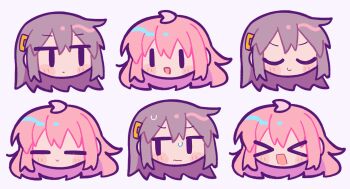 >_< 2girls :d blush_stickers brown_hair c: chibi chibi_only closed_eyes closed_mouth commentary_request double-parted_bangs hair_between_eyes head_only highres jitome long_hair multiple_girls multiple_views open_mouth original petal_on_head pink_hair richard_(richaball) simple_background smile sweat v-shaped_eyebrows white_background xd |_|