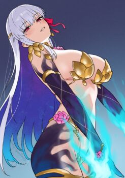 1girl armor bikini_armor breasts collar colored_inner_hair colored_skin commentary_request earrings fate/grand_order fate_(series) glowing_legs gradient_skin grin hair_ribbon jewelry kama_(adult)_(fate) kama_(assassin)_(third_ascension)_(fate) kama_(fate) kama_(third_ascension)_(fate) kiya_hajime large_breasts long_hair looking_at_viewer metal_collar multicolored_hair purple_hair red_eyes ribbon smile solo standing white_hair