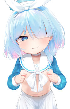 1girl absurdres aqua_hair arona_(blue_archive) blue_archive blue_eyes blush braid clothes_lift cuffs female_focus hair_between_eyes hair_over_one_eye hair_ribbon halo highres loli longcloud looking_at_viewer multicolored_hair nakk nipple_stimulation nipple_tweak nipples pink_hair ribbon school_uniform serafuku shirt_lift short_hair simple_background single_braid skirt smile solo streaked_hair