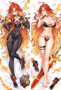 1girl ahoge bed_sheet biker_clothes bikesuit black_bodysuit black_bra black_choker black_footwear black_gloves black_panties blonde_hair blush bodysuit bra breasts choker cleavage closed_mouth collarbone colored_inner_hair commentary dakimakura_(medium) earrings english_commentary fingernails fire genshin_impact gloves hair_between_eyes hand_on_own_chest helmet high_heels highres jewelry large_breasts libero_art long_hair long_sleeves looking_at_viewer lying mavuika_(genshin_impact) multicolored_hair multiple_views nail_polish navel on_back panties parted_lips pyrokinesis red_eyes red_hair red_nails rimless_eyewear smile stomach strap_pull symbol_in_eye thigh_strap tinted_eyewear toenail_polish toenails underwear unworn_footwear unworn_headwear unworn_helmet very_long_hair