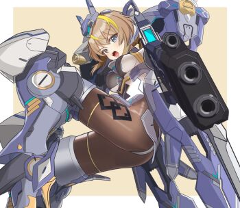 1girl absurdres aiming aiming_at_viewer armored_boots beta_(starward) black_leotard black_pantyhose blonde_hair blue_eyes boots breasts brown_hair covered_navel gun hair_between_eyes headgear highres holding holding_gun holding_weapon large_breasts leotard looking_at_viewer mecha_musume mechanical_wings multicolored_hair multicolored_leotard open_mouth osunahanko pantyhose sidelocks simple_background solo starward thrusters two-tone_hair two-tone_leotard weapon white_leotard wings