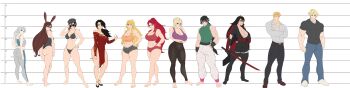 absurdres black_hair blonde_hair breasts cinder_fall coco_adel denim glynda_goodwitch highres jaune_arc jeans large_breasts lie_ren mature_female muscular muscular_arms muscular_male pants pyrrha_nikos rabbit_ears raven_branwen red_hair rwby smiling_samurai weiss_schnee yang_xiao_long