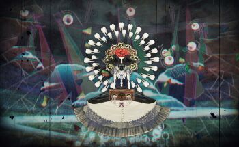 abstract abstract_background artist_request black_hair cloud cloudy_sky commentary creature creature_focus disembodied_eye dress film_grain floating_hair flower game_cg glass_shards gown halo halo_behind_head highres homulilly long_hair mahou_shoujo_madoka_magica mahou_shoujo_madoka_magica:_hangyaku_no_monogatari mahou_shoujo_madoka_magica_magia_exedra no_humans official_art red_flower sky solo spider_lily stocks straight-on third-party_source very_long_hair witch's_labyrinth witch_(madoka_magica)