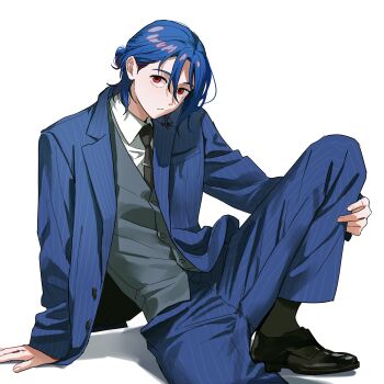 1boy absurdres blue_hair collared_shirt formal_clothes gundam gundam_gquuuuuux half_updo highres knee_up long_sleeves looking_at_viewer lower_eyelashes_only male_focus multicolored_hair necktie otakulifewow pants pinstripe_jacket pinstripe_pants pinstripe_pattern pinstripe_suit purple_hair red_eyes shirt shoes short_hair shuji_ito simple_background sitting solo suit two-tone_hair vest white_background white_shirt