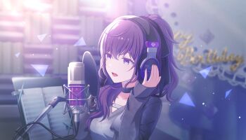 Rule 34 | 1girl, arms up, asahina mafuyu, black choker, black ribbon, blue eyes, blurry, blurry background, breasts, choker, collarbone, colorful palette, dot nose, expressionless, game cg, gradient clothes, gradient shirt, grey shirt, hair ribbon, happy birthday, headphones, high ponytail, highres, indoors, lips, long sleeves, looking afar, medium breasts, microphone, multicolored eyes, musical staff, official art, open mouth, parted lips, ponytail, project sekai, purple eyes, purple hair, purple theme, ribbon, shirt, solo, studio microphone, third-party source, tongue, triangle, two-tone eyes, upper body