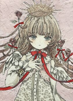 1girl acrylic_paint_(medium) blue_eyes blunt_bangs brown_hair commentary_request dress expressionless flower halo hand_on_own_chest highres karintoun lace long_hair looking_at_viewer original painting_(medium) pink_background red_flower red_ribbon red_rose ribbon rose simple_background straight-on traditional_media upper_body watercolor_(medium)