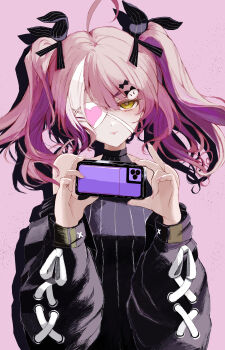 1girl absurdres ahoge azur_lane bare_shoulders black_dress black_jacket black_ribbon blank_stare cellphone closed_mouth dress eyepatch hair_ornament hair_ribbon hands_up heart heart_eyepatch highres holding holding_phone jacket jirai_kei medium_hair multicolored_hair phone pink_background pink_hair pink_nails qestus48986 ribbon simple_background smartphone solo streaked_hair twintails upper_body white_hair x_hair_ornament yellow_eyes z47_(azur_lane)