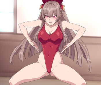 1girl azur_lane bare_shoulders blush bowlegged_pose breasts brown_hair cleavage commentary_request covered_navel gluteal_fold groin hai_(h81908190) haigure_pose highleg highleg_leotard indoors large_breasts leotard long_hair medium_breasts one-piece_swimsuit one-piece_thong open_mouth red_eyes red_leotard red_one-piece_swimsuit solo spread_legs squatting swiftsure_(azur_lane) swimsuit