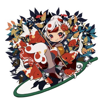 1girl absurdres blunt_bangs blush commentary_request fish full_body goldfish grin hair_bun highres japanese_clothes kei_s01 kimono leaf looking_at_viewer multicolored_hair open_mouth original red_eyes red_streaks short_hair simple_background single_hair_bun smile solo streaked_hair white_background white_hair white_kimono
