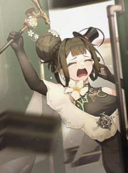 Rule 34 | 1girl, ahoge, arm up, azusaec, black dress, black gloves, black hat, brown hair, cane, cellphone, closed eyes, commentary request, crying, dress, elbow gloves, flip phone, flower, furrowed brow, gloves, hair bun, hair flower, hair ornament, hands up, hat, highres, holding, holding cane, holding phone, huge hair bun, liqing (xinyue tongxing), mini hat, mini top hat, neck flower, open door, open mouth, phone, shawl, short hair, single side bun, sleeveless, sleeveless dress, solo, streaming tears, tears, top hat, upper body, white flower, white shawl, xinyue tongxing