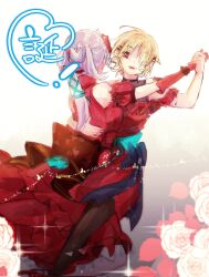 Rule 34 | 2girls, blonde hair, breasts, dancing, dometan0 0, dress, flower, grey hair, hair ornament, hair over one eye, hairclip, hand on another&#039;s back, heaven burns red, highres, izumi yuki (heaven burns red), kayamori ruka, long hair, multiple girls, red dress, red eyes, rose, short hair, yuri