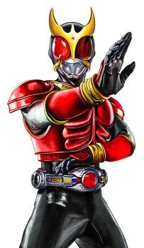 Rule 34 | 1boy, 4ze meteor, absurdres, armor, black bodysuit, black helmet, bodysuit, commentary, cowboy shot, helmet, henshin pose, highres, horns, kamen rider, kamen rider kuuga, kamen rider kuuga (series), male focus, red armor, red eyes, rider belt, solo, symbol-only commentary, tokusatsu