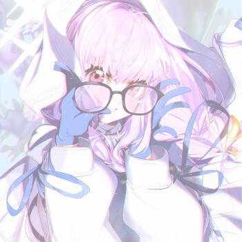 Rule 34 | 1girl, atsuko (blue archive), blue archive, blue gloves, blue ribbon, braid, commentary, gloves, grin, halo, hands up, highres, holding, holding removed eyewear, hood, hood up, jacket, long hair, long sleeves, looking at viewer, low twin braids, memo2tuika, overexposure, purple hair, red eyes, ribbon, smile, solo, twin braids, unworn eyewear, upper body, white halo, white hood, white jacket