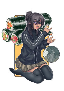 1girl black_hair black_thighhighs cb_(c-board) commentary_request concealed_weapon dark-skinned_female dark_skin eating ehoumaki food gun handgun highres holster holstered jacket long_hair makizushi original ponytail purple_eyes short_ponytail sitting solo sushi thighhighs track_jacket turtleneck wariza weapon weapon_request x-ray