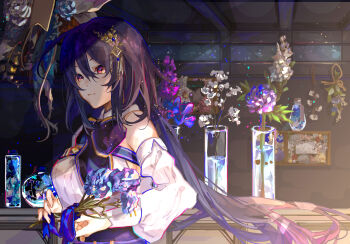 1girl absurdres bare_shoulders black_hair blue_flower detached_sleeves flower hair_ornament herbarium highres holding holding_flower long_hair long_sleeves multicolored_eyes multicolored_shirt orange_eyes original oriori_0201 purple_flower shirt solo upper_body vase white_flower white_sleeves wolf_cut