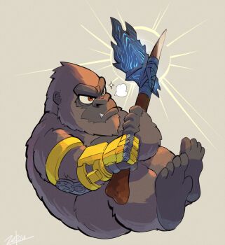 ape axe b.e.a.s.t._glove battle_axe bone bone_axe bone_weapon chibi crossover electroshock_weapon fang gauntlets giant giant_monster glowing glowing_axe glowing_weapon godzilla_(series) godzilla_x_kong:_the_new_empire gorilla grey_background highres holding holding_axe holding_weapon kaiju king_kong king_kong's_battle_axe king_kong_(series) legendary_pictures monster monsterverse no_humans orange_eyes simple_background tooth tsk03 weapon