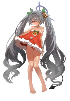 1girl absurdres alternate_costume barefoot bell black_tail blue_archive christmas clothes_lift commentary_request dark_skin demon_tail dress full_body fur-trimmed_dress fur_trim grey_hair grey_halo hair_bell hair_ornament hair_over_one_eye halo highres iori_(blue_archive) lifting_own_clothes long_hair panties pantyshot pointy_ears red_dress red_panties rokun skirt skirt_lift smile solo strapless strapless_dress tail twintails underwear white_background