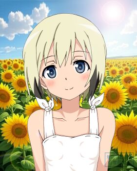 Rule 34 | 1girl, bare shoulders, blue eyes, blush, breasts, cloud, collarbone, day, dot nose, erica hartmann, feet out of frame, female focus, flower, hair between eyes, katyo drive, looking at viewer, outdoors, short hair, sky, small breasts, smile, solo, standing, strike witches, sun, sunflower, world witches series