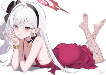 1girl :d armpit_crease black_choker black_hairband blue_archive breasts choker commentary_request dress earrings fishnets full_body gold_bangle hairband halo hand_on_own_face highres jewelry long_hair looking_at_viewer lying mutsuki_(blue_archive) mutsuki_(dress)_(blue_archive) on_stomach open_mouth pointy_ears purple_eyes red_dress red_halo side_ponytail small_breasts smile soles white_background white_hair yizi_(yizi_official)