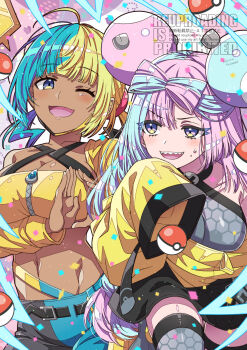 2girls bare_shoulders bike_shorts black_shorts blonde_hair blue_eyes blue_hair blush bow-shaped_hair breasts canari_(pokemon) character_hair_ornament cleavage dark-skinned_female dark_skin dress grey_dress grey_pantyhose hair_ornament highres iono_(pokemon) jacket large_breasts long_hair long_sleeves mask medium_hair mouth_mask multicolored_hair multiple_girls nintendo one_eye_closed open_mouth pantyhose pelvic_curtain pink_hair pokemon pokemon_legends:_z-a pokemon_sv purple_eyes sakura_tsubame short_dress shorts single_leg_pantyhose sleeves_past_fingers sleeves_past_wrists small_breasts smile split-color_hair sports_bra thighs twintails two-tone_hair yellow_jacket yellow_sports_bra