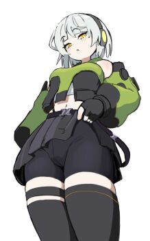 1girl anby_demara belt belted_skirt bike_shorts black_belt black_gloves black_skirt black_thighhighs breasts commentary cowboy_shot detached_sleeves english_commentary fingerless_gloves formerly from_below gloves headphones long_sleeves medium_breasts microskirt midriff navel puffy_long_sleeves puffy_sleeves short_hair shorts shorts_under_skirt skirt solo thighhighs white_hair yellow_eyes zenless_zone_zero zettai_ryouiki