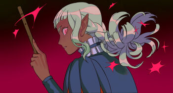 1boy absurdres androgynous braid dark-skinned_male dark_elf dark_skin dungeon_meshi elf highres jester_costume looking_at_viewer pointy_ears profile puff_and_slash_sleeves puffy_sleeves purple_tunic red_eyes sarakipin short_bangs thistle_(dungeon_meshi) tunic wand white_hair