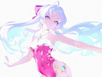 Rule 34 | 1girl, absurdres, ahoge, bare shoulders, blue eyes, bow, breasts, carlotta (splashing summer) (wuthering waves), carlotta (wuthering waves), casual one-piece swimsuit, closed mouth, commentary, cowboy shot, english commentary, frilled one-piece swimsuit, frills, hair bow, highres, izumi (izzmuui), long hair, medium breasts, off-shoulder one-piece swimsuit, off shoulder, official alternate costume, one-piece swimsuit, parted bangs, pink bow, pink one-piece swimsuit, smile, solo, swimsuit, white hair, wuthering waves