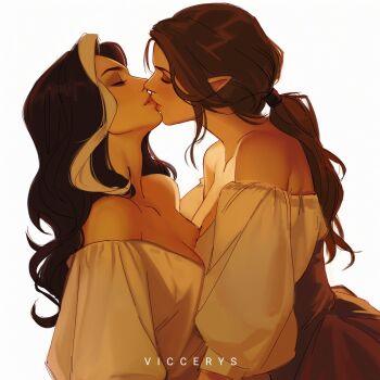 2girls artist_name asymmetrical_docking bare_shoulders black_hair breast_press breasts brown_hair brown_skirt cleavage commentary elf hashtag-only_commentary highres large_breasts long_hair multiple_girls off_shoulder original pointy_ears ponytail shirt simple_background skirt viccerys white_background white_shirt white_streaks yuri