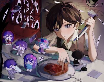 Rule 34 | 2girls, antenna hair, aubrey (headspace) (omori), aubrey (omori), ball, basil (headspace) (omori), basil (omori), black eyes, black hair, black sweater vest, black tank top, blush stickers, bow, bright pupils, brother and sister, brothers, cat, closed eyes, collared shirt, colored skin, commentary, double-parted bangs, dual persona, flower, flower wreath, food, fork, green hair, hair between eyes, hair bow, hashtag-only commentary, head wreath, hero (headspace) (omori), hero (omori), highres, holding, holding ball, holding food, holding knife, kel (headspace) (omori), kel (omori), knife, long hair, long sleeves, looking at another, looking at viewer, mari (headspace) (omori), mari (omori), mewo, mini person, miniboy, minigirl, multiple girls, musical note, o3o2sao, omori, omori (omori), open mouth, pajamas, pants, photo (object), pink bow, plate, purple eyes, purple hair, red skirt, seiza, shirt, short hair, short sleeves, shorts, siblings, sitting, skirt, smile, something (omori), speech bubble, spoken musical note, steak, striped clothes, striped pajamas, striped shorts, sunny (omori), sweater vest, tank top, vertical-striped clothes, vertical-striped pajamas, vertical-striped shorts, white pupils, white shirt, white shorts, white skin