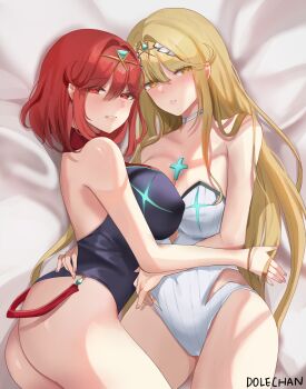 2girls absurdres artist_name ass bare_shoulders black_one-piece_swimsuit blonde_hair blush breasts chest_jewel cleavage competition_swimsuit covered_navel dolechan gem headpiece highres jewelry large_breasts long_hair looking_at_viewer multiple_girls mythra_(radiant_beach)_(xenoblade) mythra_(xenoblade) one-piece_swimsuit parted_lips pyra_(pro_swimmer)_(xenoblade) pyra_(xenoblade) red_eyes red_hair selfcest short_hair smile strapless strapless_one-piece_swimsuit swept_bangs swimsuit teeth thighs tiara two-tone_swimsuit very_long_hair white_one-piece_swimsuit xenoblade_chronicles_(series) xenoblade_chronicles_2 yellow_eyes yuri